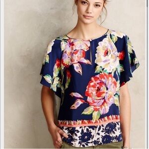 Anthropology Maeve silk Gardenia floral flutter sleeve blouse